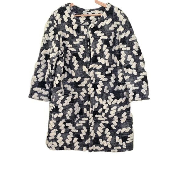 BATIK  Cardigan Coatigan Womens L Gray Cream Geo Open Front 3/4 Sleeve Lagenlook - Picture 1 of 15